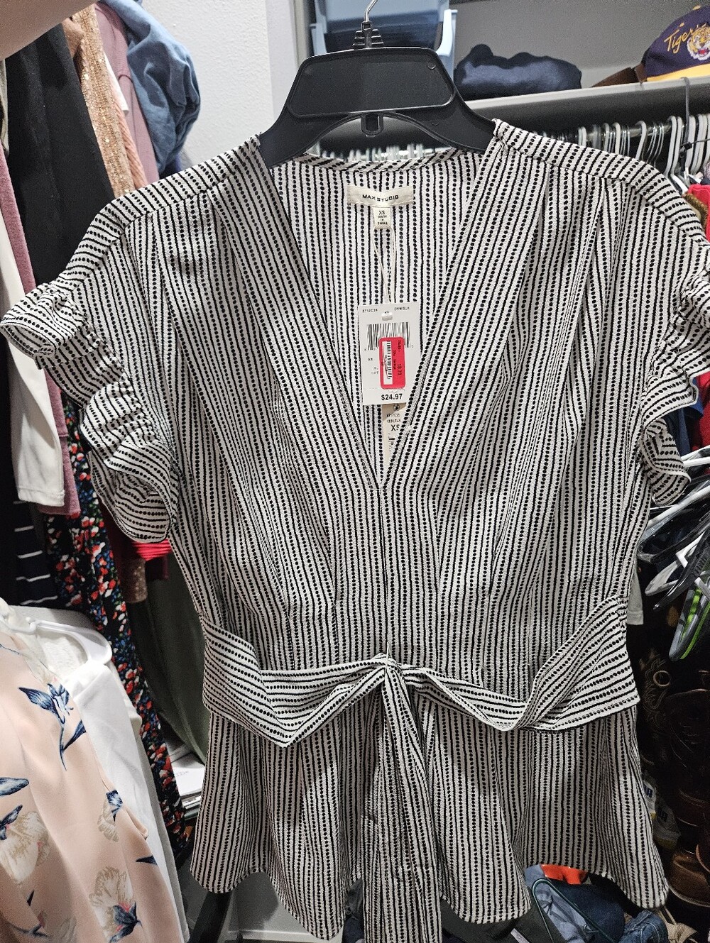 Max Studio Black and White Striped V-Neck Tie-Waist Blouse